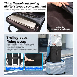 Black roll top backpack closed by a magnetic clasp across the front