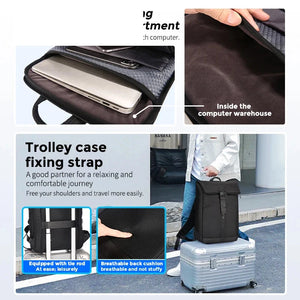 Black roll top backpack closed by a magnetic clasp across the front