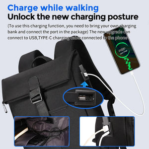 Black roll top backpack closed by a magnetic clasp across the front