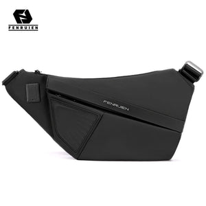Slim black sling bag with a magnetic clasp and a wide chest strap