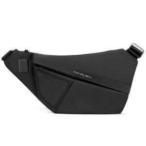 Slim black sling bag with a magnetic clasp and a wide chest strap