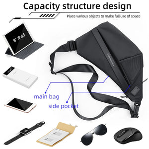 Slim black sling bag with a magnetic clasp and a wide chest strap