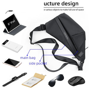 Slim black sling bag with a magnetic clasp and a wide chest strap