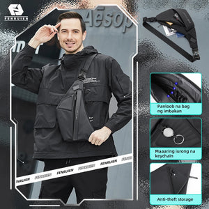 Slim black sling bag with a magnetic clasp and a wide chest strap