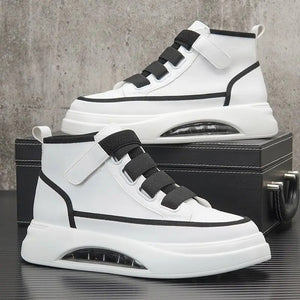A pair of high-top Casual Techwear Shoes with black and white color scheme, featuring an adjustable velcro strap and a futuristic air cushion sole.