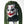 Mask with red and black design on a mannequin head with green hair against a white background