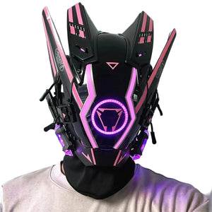 Person wearing a futuristic helmet with pink and black design in a kitchen setting
