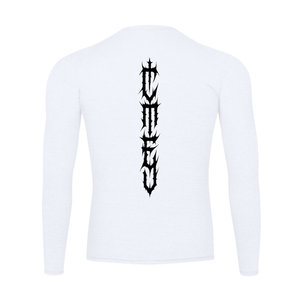 Back of the white compression shirt laid flat, the black gothic lettering running down the spine