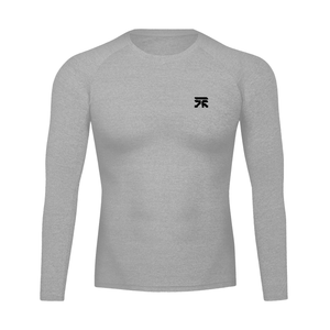 Flecking gray colourway laid flat from the front, the small black logo high on the chest