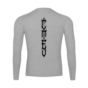 Back of the flecking gray shirt laid flat, the gothic lettering printed vertically down the spine