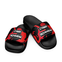 Cyber Techwear Sandals Camo - Front three-quarter view of red black camo slide sandals
