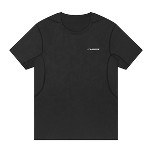 Black slim fit mesh gym shirt laid flat, front view with curved panel seams and small CYBER chest print