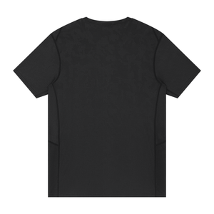 Back of the black slim fit gym shirt laid flat, showing the curved topstitched seams on each side