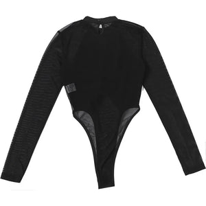 Mesh Back Skinny Bodysuit — women's black skinny bodysuit with a sheer mesh back panel