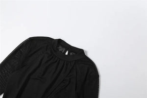 Mesh Back Skinny Bodysuit — women's black skinny bodysuit with a sheer mesh back panel