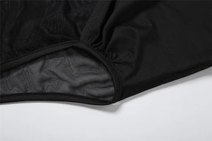Mesh Back Skinny Bodysuit — women's black skinny bodysuit with a sheer mesh back panel