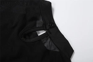 Mesh Back Skinny Bodysuit — women's black skinny bodysuit with a sheer mesh back panel