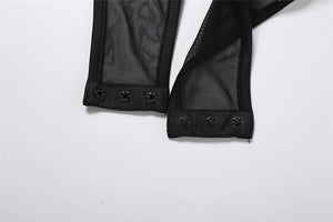 Mesh Back Skinny Bodysuit — women's black skinny bodysuit with a sheer mesh back panel