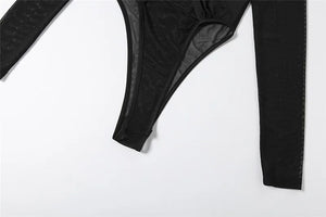 Mesh Back Skinny Bodysuit — women's black skinny bodysuit with a sheer mesh back panel