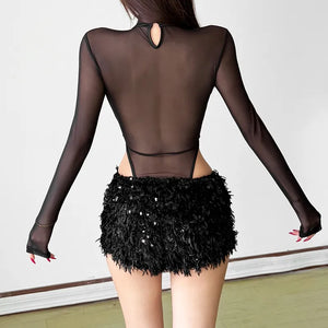 Mesh Back Skinny Bodysuit — women's black skinny bodysuit with a sheer mesh back panel