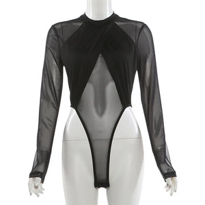Mesh Back Skinny Bodysuit — women's black skinny bodysuit with a sheer mesh back panel