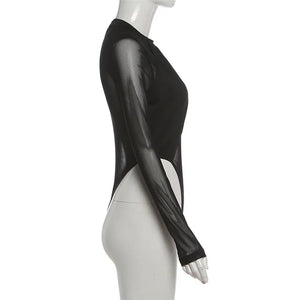 Mesh Back Skinny Bodysuit — women's black skinny bodysuit with a sheer mesh back panel