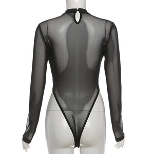 Mesh Back Skinny Bodysuit — women's black skinny bodysuit with a sheer mesh back panel