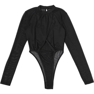 Mesh Back Skinny Bodysuit — women's black skinny bodysuit with a sheer mesh back panel