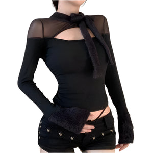 Mesh Patchwork Black Tops