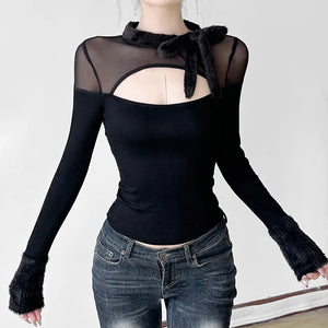 Mesh Patchwork Black Tops