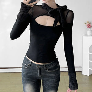 Mesh Patchwork Black Tops