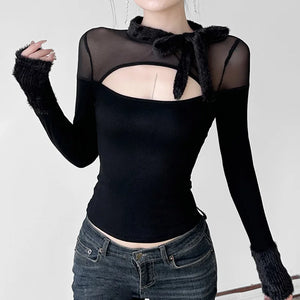 Mesh Patchwork Black Tops