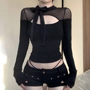 Mesh Patchwork Black Tops
