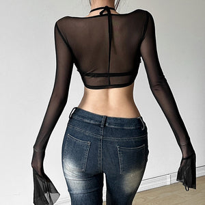 Mesh See Through Black Tops