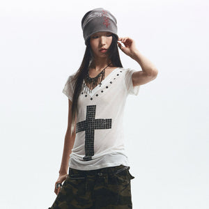 Metal Cross print Y2K Top