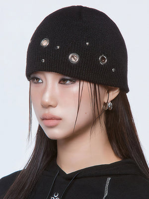2025 Autumn Winter Korean Style Metal Eyelet Knitted Hat Man Woman Casual Hip Hop Punk Beanie Skull Cap