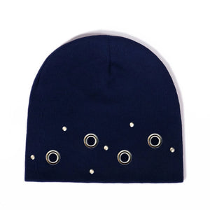 2025 Autumn Winter Korean Style Metal Eyelet Knitted Hat Man Woman Casual Hip Hop Punk Bea - Navy Blue