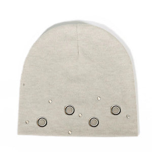 2025 Autumn Winter Korean Style Metal Eyelet Knitted Hat Man Woman Casual Hip Hop Punk Bea - Beige