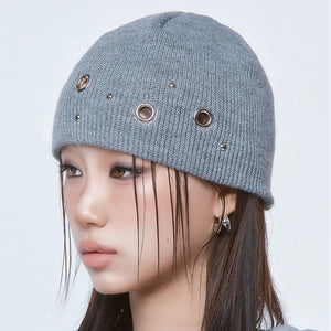 2025 Autumn Winter Korean Style Metal Eyelet Knitted Hat Man Woman Casual Hip Hop Punk Beanie Skull Cap