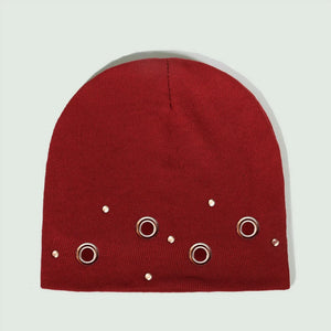 2025 Autumn Winter Korean Style Metal Eyelet Knitted Hat Man Woman Casual Hip Hop Punk Bea - Burgundy