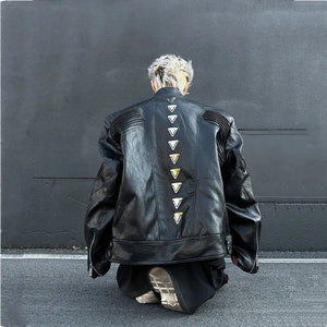 Black PU leather techwear jacket with metal spine detailing
