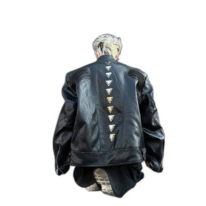 Black PU leather techwear jacket with metal spine detailing