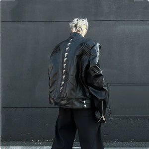 Black PU leather techwear jacket with metal spine detailing