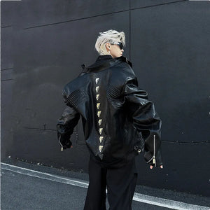 Black PU leather techwear jacket with metal spine detailing
