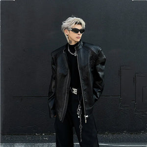 Black PU leather techwear jacket with metal spine detailing