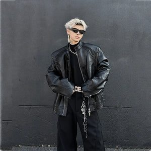 Black PU leather techwear jacket with metal spine detailing
