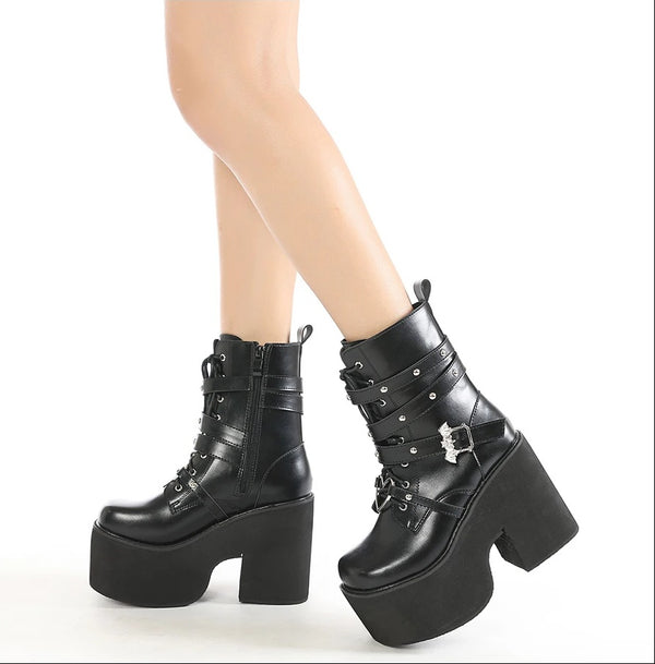 Mid Calf Black Lace Up Boots