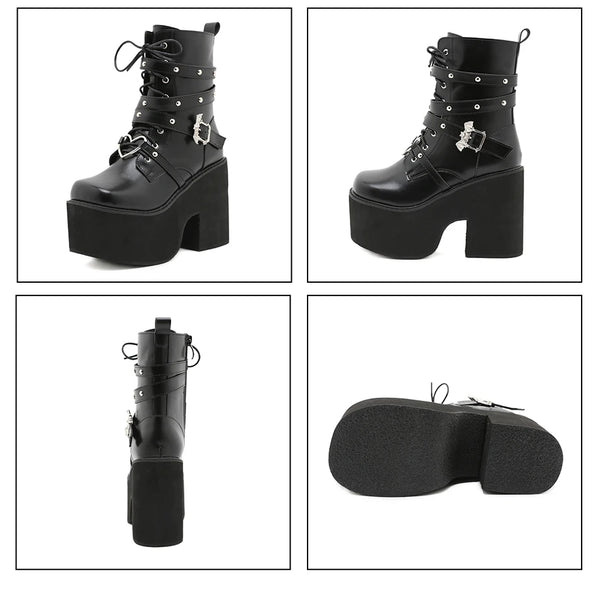 Mid Calf Black Lace Up Boots