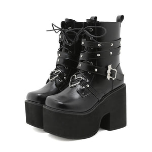 Mid Calf Black Lace Up Boots