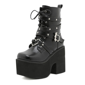 Mid Calf Black Lace Up Boots